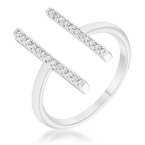 Wide Parallel Lines Open Band Cz Clear Cubic Zirconia Cross Silver Brass Ring 9 - Picture 1 of 7